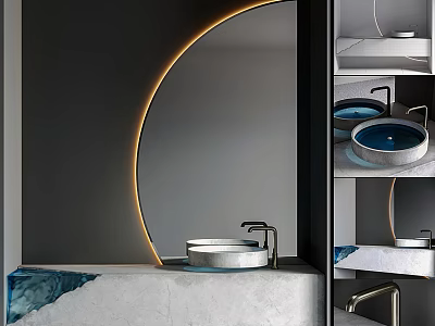 Modern Bathroom Washbasin Interior With Circular Mirror Concrete Countertop And LED Lighting 3d model