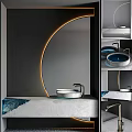 Modern Bathroom Washbasin Interior With Circular Mirror Concrete Countertop And LED Lighting