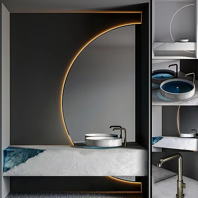 Modern Bathroom Washbasin Interior With Circular Mirror Concrete Countertop And LED Lighting 3d model
