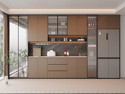 Modern Open Kitchen Wine Cabinet With Glass Doors Wooden Shelves And Wine Bottle 3d model