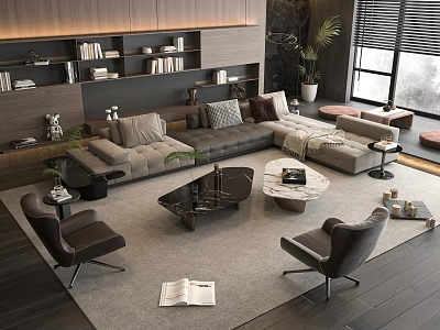 Modern Living Room Gray L Shaped Sofa Coffee Table Set With Armchairs And Bookshelf 3d model