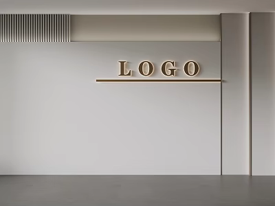 Modern LOGO Display On White Wall With Striped Panel And Wooden Shelf 3d model