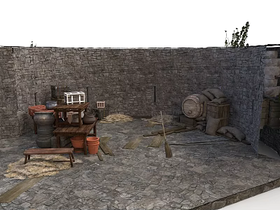 Ancient Courtyard Scene With Stone Walls Paved Ground Barrels Tables Clay Pots Brooms And Straw 3d model