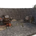Ancient Courtyard Scene With Stone Walls Paved Ground Barrels Tables Clay Pots Brooms And Straw