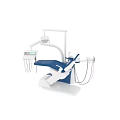 Modern Blue And White Dental Chair With Medical Instruments And Control Panel