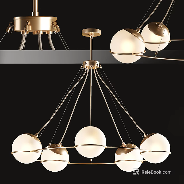 Elegant Modern Chandelier Featuring Spherical Glass Shades And Gold Metal Frame 3d model 