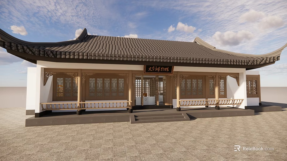Traditional Chinese Museum Building With Wooden Structure Tiled Roof And Carved Windows 3d model 