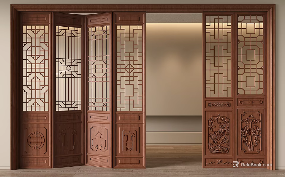 Traditional Chinese Wooden Folding Doors With Intricate Lattice Interior Design 3d model 