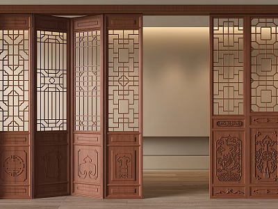 Traditional Chinese Wooden Folding Doors With Intricate Lattice Interior Design 3d model