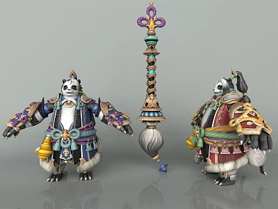 Panda Game Characters In Ornate Different Colored Costumes With Central Decorative Staff 3d model