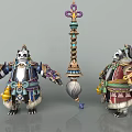 Panda Game Characters In Ornate Different Colored Costumes With Central Decorative Staff
