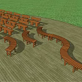 Wooden Landscape Seats With Curved And Straight Designs On Wooden Deck And Green Grass