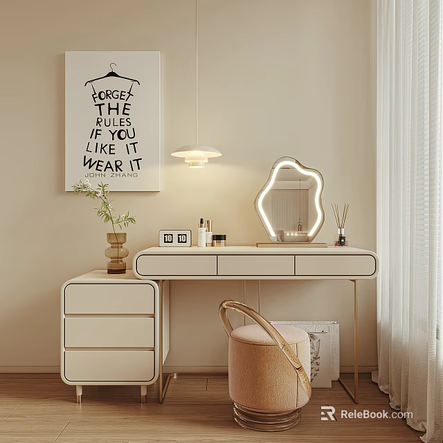 Modern Dressing Table With LED Mirror Photo Frames Small Plant And Stylish Chair 3d model 