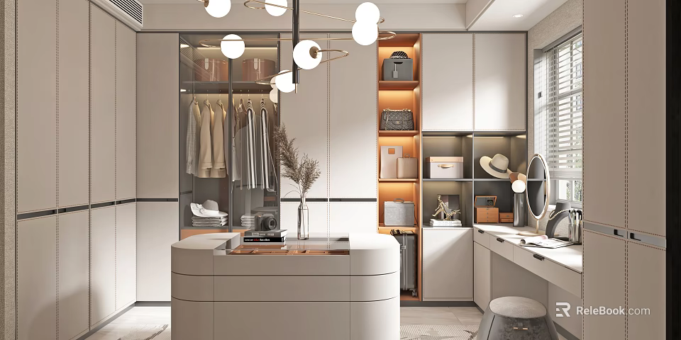 Elegant Walk in Closet with White Cabinets Hanging Clothes Storage Shelves Dressing Table Pendant Lighting 3d model 