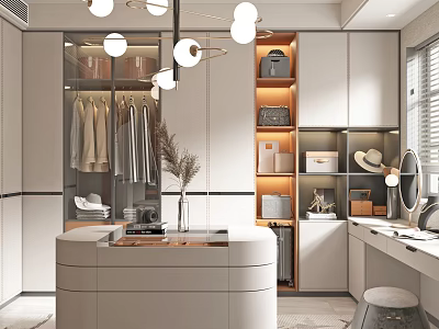 Elegant Walk in Closet with White Cabinets Hanging Clothes Storage Shelves Dressing Table Pendant Lighting 3d model