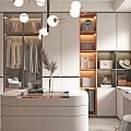 Elegant Walk in Closet with White Cabinets Hanging Clothes Storage Shelves Dressing Table Pendant Lighting