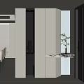 Modern Minimalist Shoe Cabinet In Entryway With Light Gray Finish Storage Drawers And Potted Plant