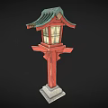Traditional Japanese Red Lantern With Green Roof Square Shade And Stone Base
