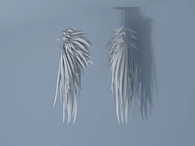 Two White Feather Shaped Chandeliers Hanging From Ceiling On Light Blue Background With Soft Shadows 3d model