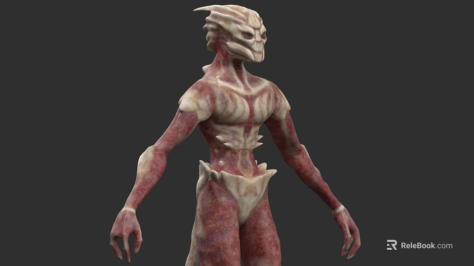 3D Mythical Creature Character Model With Red White Texture Spiked Head And Clawed Hands 3d model 