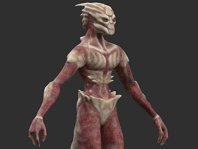 3D Mythical Creature Character Model With Red White Texture Spiked Head And Clawed Hands 3d model