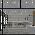 Bright Retail Interior Design With White Counter Shelves Recessed Lights And Tables Chairs