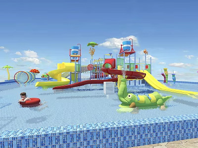 Water Park Playground Equipment With Colorful Slides Turtle Shaped Slide And Pool For Children Playing 3d model