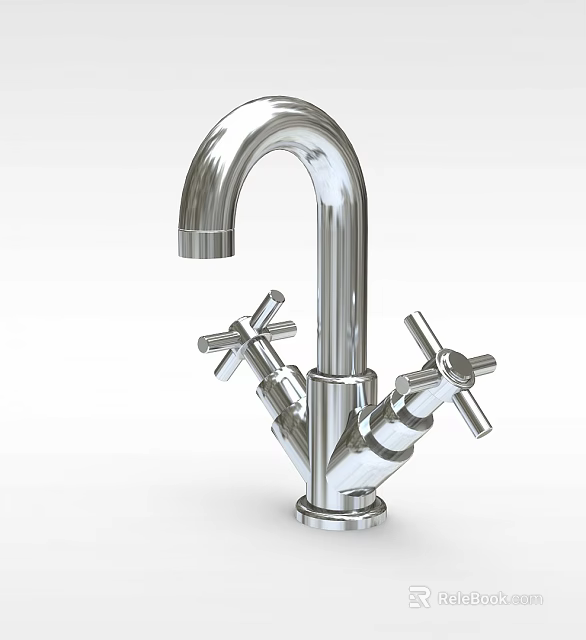 Silver Metal Faucet With Cross Handles Classic Design For Kitchen Bathroom 3d model 