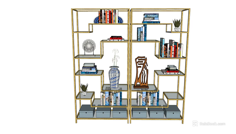 Gold Frame Bookshelf With Multiple Shelves Books Decorative Vase Sculpture And Storage Boxes 3d model 