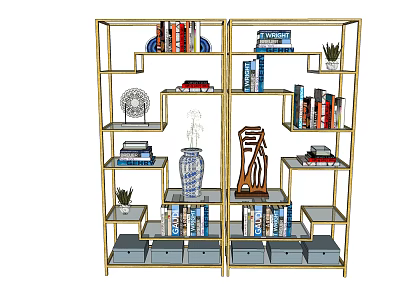 Gold Frame Bookshelf With Multiple Shelves Books Decorative Vase Sculpture And Storage Boxes 3d model