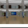 Bright Modern Lobby Reception Desk With Large Screen Green Plants And Tiled Floor