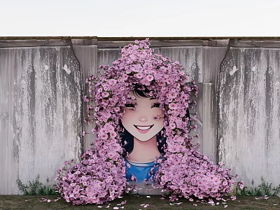 Wooden Weathered Background Wall Featuring Artistic Girl Portrait Covered With Pink Flowers And Scattered Petals 3d model