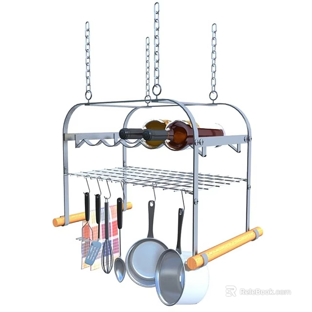 Stainless Steel Hanging Cookware Set With Wooden Handles And Wine Storage Rack 3d model 