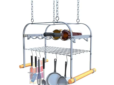Stainless Steel Hanging Cookware Set With Wooden Handles And Wine Storage Rack 3d model