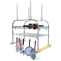 Stainless Steel Hanging Cookware Set With Wooden Handles And Wine Storage Rack