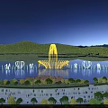 Dazzling Nighttime Scenery With Illuminated Fountains Mountains And Calm Reflective Water