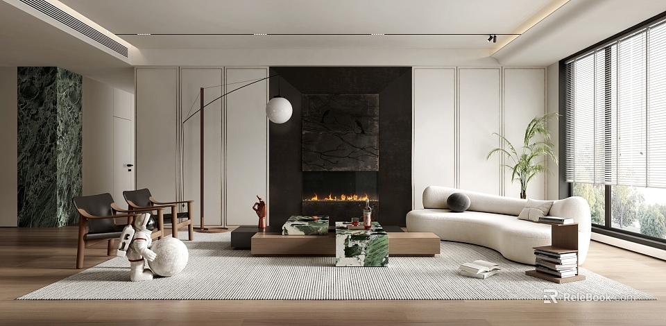 Modern Living Room Interior Design With White Curved Sofa Fireplace And Wooden Coffee Table 3d model 