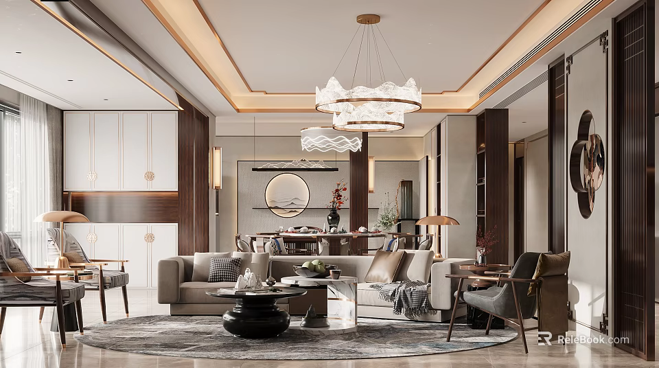 Modern Living Dining Room Interior With Sofa Coffee Table Dining Table And Chandelier 3d model