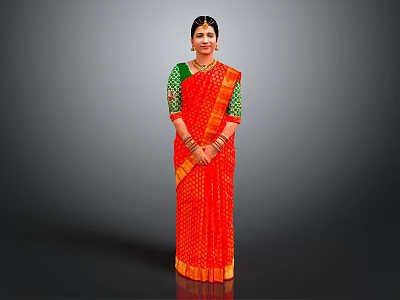 Elegant Woman Wearing Traditional Red Saree With Green Blouse And White Patterns 3d model