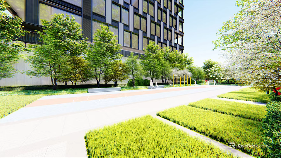 Modern Residential Landscape With High Rise Building Green Trees Neat Lawns And Pedestrian Walkway 3d model 