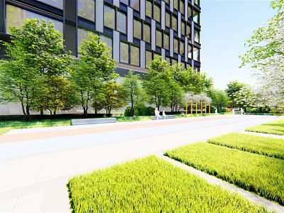 Modern Residential Landscape With High Rise Building Green Trees Neat Lawns And Pedestrian Walkway 3d model