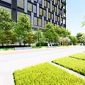 Modern Residential Landscape With High Rise Building Green Trees Neat Lawns And Pedestrian Walkway