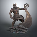 Mythical Warrior Sculpture With Horned Helmet Weapon Ship And Marine Creature Waves