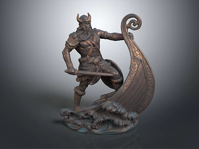 Mythical Warrior Sculpture With Horned Helmet Weapon Ship And Marine Creature Waves 3d model