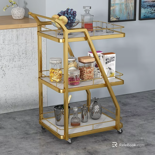 Golden Three Tier Kitchen Trolley With Storage Jars Snack Boxes And Condiment Bottles 3d model 