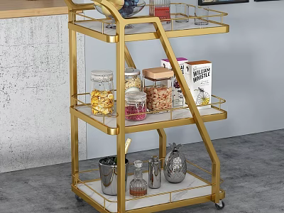 Golden Three Tier Kitchen Trolley With Storage Jars Snack Boxes And Condiment Bottles 3d model