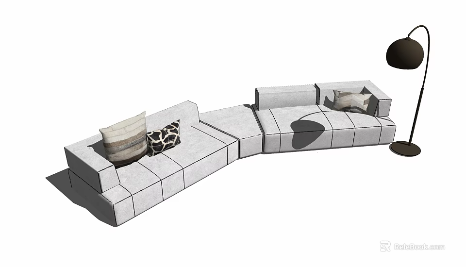 Modern Light Gray Modular Sectional Sofa with Decorative Throw Pillows and Floor Lamp 3d model