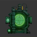 Green Mechanical Weapon with Glowing Circular Components and Industrial Sci-Fi Design