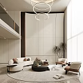 Modern Duplex Living Room Interior With Circular Pendant Lights TV Wall And Beige Sofa