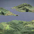 Scenic 3D Terrain Model Featuring Green Mountains Water Area Rolling Landforms and Lush Vegetation